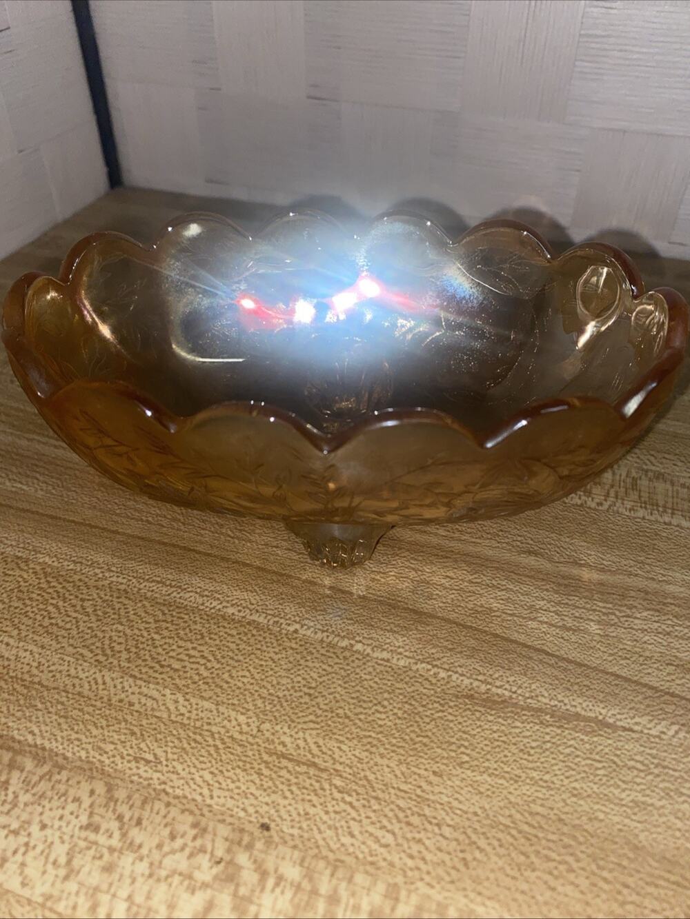 Sweet Peach Marigold Small Jeanette Carnival Glass Footed Oval Bowl 5.25”x3.5”